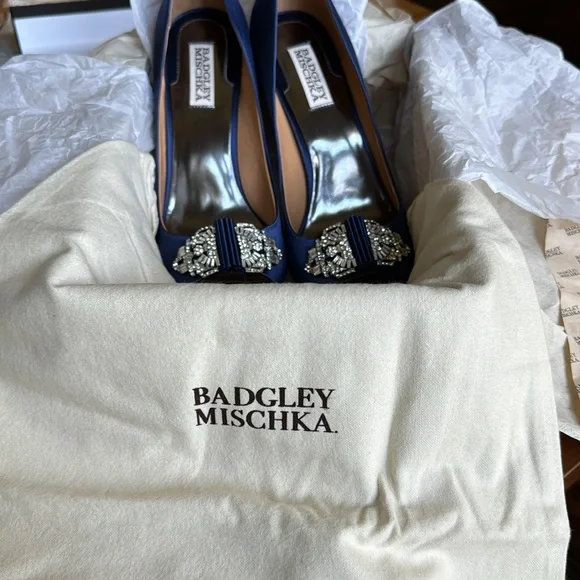 Badgley Mischka 9.5 Davida Deco Blue Satin Heels with Crystal Embellishment - Picture 2 of 12